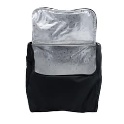 A black picnic basket with a silver insulated lining, featuring a pocket at the back. Includes a logo.