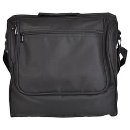 A black picnic basket with a zipped front pocket and an adjustable strap. It features a compact and sturdy design.