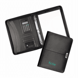 A black leather zippered compendium features a calculator, card slots, and a notepad holder. It has a branding logo.