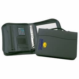 A black zippered compendium with a calculator, D-ring binder, and a pen holder, featuring a logo.