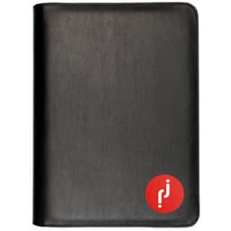 A black zippered compendium featuring a round logo on the front. It includes three rings for holding documents.