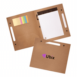 A brown Enviro Folder with a notepad, sticky notes, and a pen, featuring a logo.