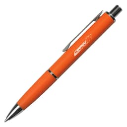 An orange metal pen with a textured grip and a clip, featuring a logo on its body.