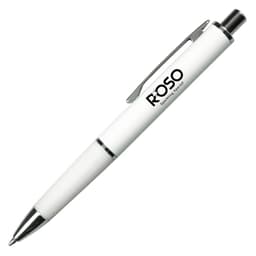 A metal pen in white with a textured grip and a silver clip, featuring a logo.