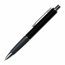 A black metal pen with a textured grip and a shiny silver clip, featuring a branding logo.