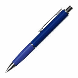 A metal pen in blue with a textured grip and a shiny silver clip and tip. It features a branding logo.