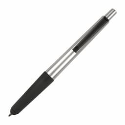 A silver and black 2 in 1 stylus pen with a sleek design and a rubber grip. Features a logo on the body.