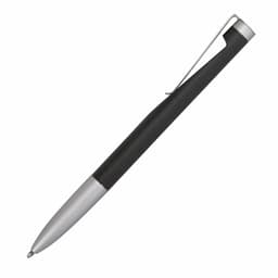 A metal pen with a sleek black grip and a silver tip, featuring a clip and a logo.