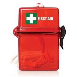 A bright red waterproof first aid kit with a white cross symbol and a black clasp closure.