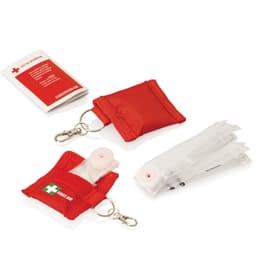 A red first aid CPR mask keyring with a transparent pocket, containing a CPR mask and instructions.