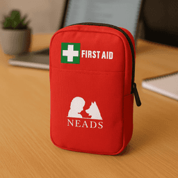 A red first aid kit with a zippered closure, featuring a logo and a green cross symbol.