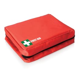 A red first aid kit with a zip closure and a green and white logo featuring a cross.