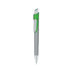 A metal pen with a silver body and green accents, featuring a clip and a branding logo.