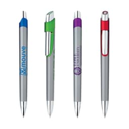 Four metal pens in silver and various colours with clips, featuring different logos.