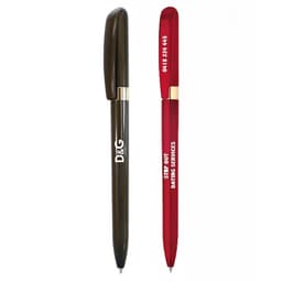 Two metal pens are displayed: one in dark green with a logo and the other in bright red with text.