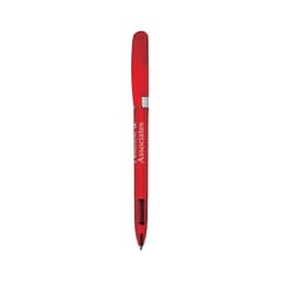 A red metal pen with a clear chrome grip and a clip, featuring branding on its body.