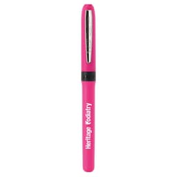 A pink pen with a silver clip and a black band, featuring a brand logo.