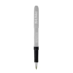 A grey pen with a textured black grip; features branding on the barrel.