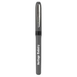 A grey pen with a sleek design and a silver tip, featuring a branding logo.   
