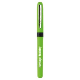 A green pen with a sleek design, featuring a metallic clip and a logo on the barrel.