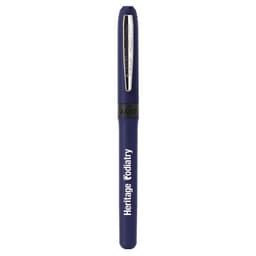 A navy blue pen with a silver clip, featuring a branding logo on the barrel.