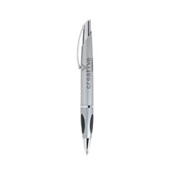 A silver pen with a grip section, featuring a logo on its side. Designed for writing.