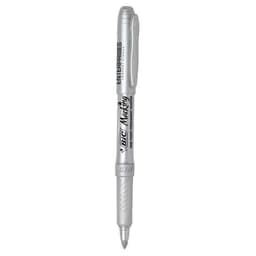 A metallic silver permanent marker with a textured grip and a cap, featuring a logo on the barrel.