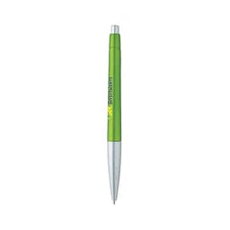 A green metallic pen with a silver tip, featuring a simple design and a logo on the body.
