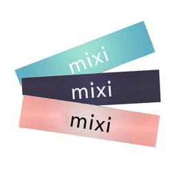 Three glossy paper stickers in gradient shades of blue, black, and pink, each featuring the word "mixi" in white.