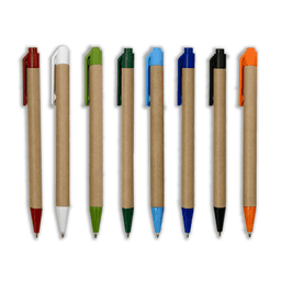 A collection of eight paper pens in various colours: red, white, green, blue, dark blue, black, orange, and green.