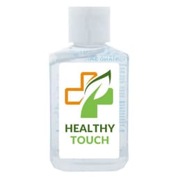 A clear 60ml bottle of hand sanitiser gel, containing 75% ethyl-alcohol, with a logo on the front.