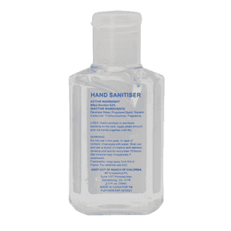 A clear 60ml hand sanitiser gel bottle, containing 75% ethyl-alcohol, with a logo on the front.
