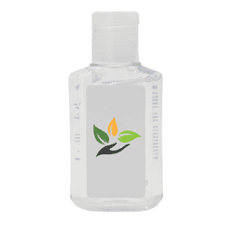 A clear 60ml hand sanitiser gel bottle with a leaf logo, featuring a lemon scent.