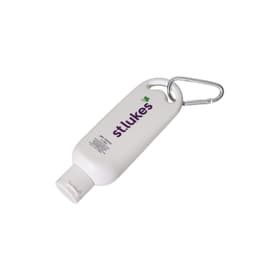 A white 50mL sunscreen bottle with a carabiner attached, featuring a logo on the front.