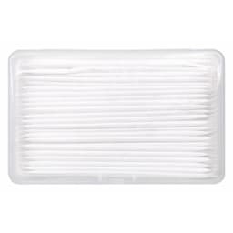 A white plastic container holding 25 white dental floss picks, neatly arranged inside.