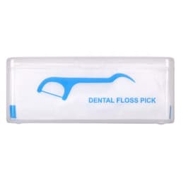 A clear container with a blue dental floss pick design, containing 25 dental floss picks.