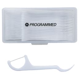 A white dental floss pack containing 20 pieces, with a plastic floss holder included. The pack features a logo.
