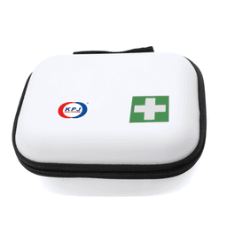 A white compact first aid kit with a green cross and logo, featuring a zippered closure.