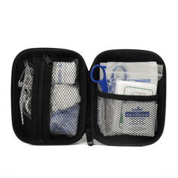 A compact black first aid kit opened to reveal various medical supplies, including dressings, antiseptics, and tools.