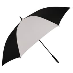A black and white umbrella with a curved handle and a logo on the shaft.