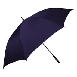 A navy umbrella with a black handle and a logo on the canopy.