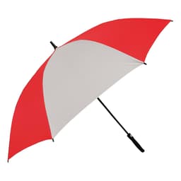 A red and white umbrella featuring a black handle and a logo on the canopy.