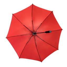 A red umbrella with a black handle, featuring a logo on the canopy.