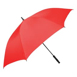 A red umbrella with a black handle and a branded logo.