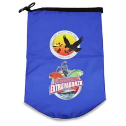 A blue dry bag featuring logos, including a yacht club and a fishing event design.