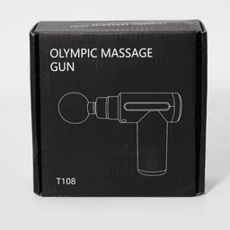 A black box containing the Olympic Massage Gun illustration, featuring a logo and a simple design.
