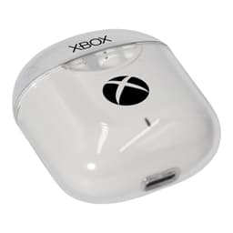 A white charging case for wireless earbuds, featuring an Xbox logo and a clear plastic cover.