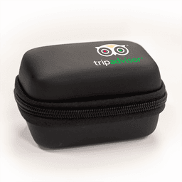 A black zippered case with a logo on the top, designed for travel accessories.