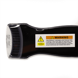 A black magnetic flashlight with two LED lights, featuring a warning label and a visible battery compartment.