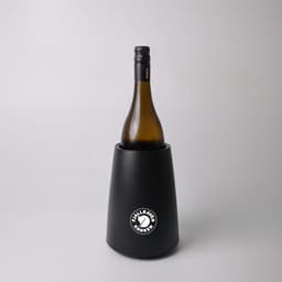 A black wine cooler with a sleek design, featuring a drink bottle inserted inside and a logo on the front.